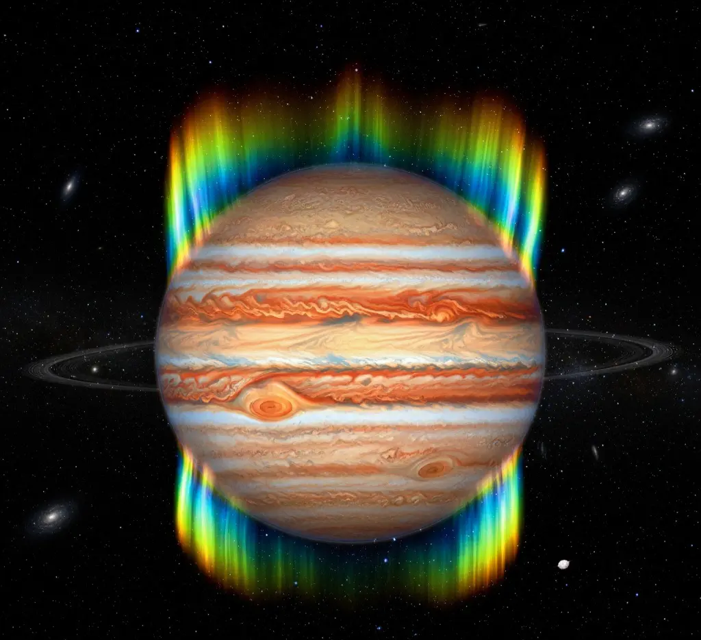 Image infrarouge de Jupiter par le télescope James Webb montrant les aurores polaires