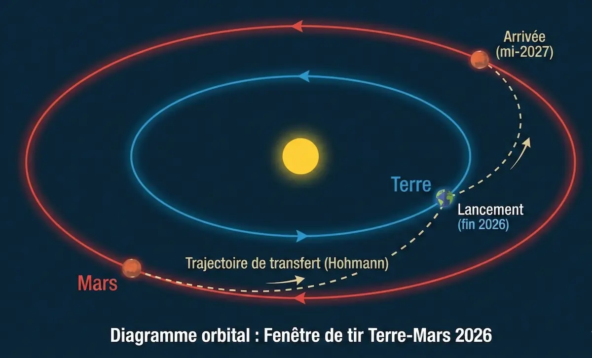 Diagramme orbital de la fenêtre de tir Terre-Mars 2026