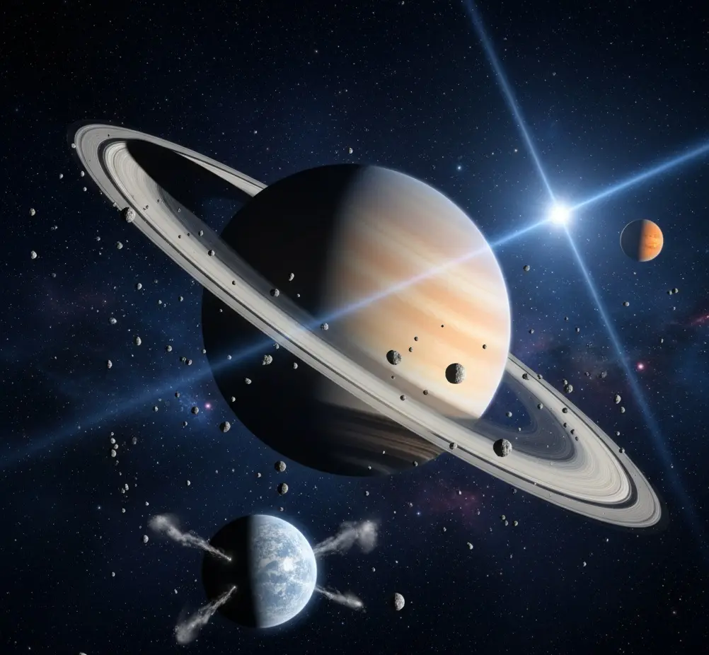 Illustration de Saturne entourée de ses nombreuses lunes irrégulières nouvellement découvertes