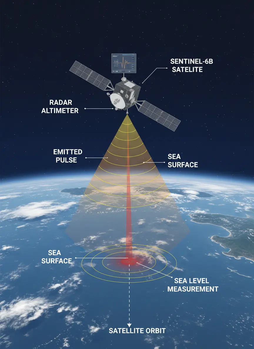 Illustration du principe de l'altimétrie radar du satellite Sentinel-6B mesurant le niveau de la mer